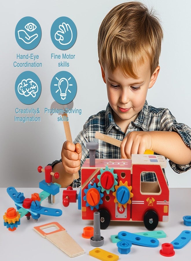 ALLABC Toddler Tool Kit - 33 PCS Montessori Toddlers Tool Box, Kids Pretend Play Tools Set Age 2-4, STEM Educational Toys for Age 3, Wooden Construction Toy, Boys Birthday Gift 2,3,4,5 Year Old (Fire Engine) - Image 2